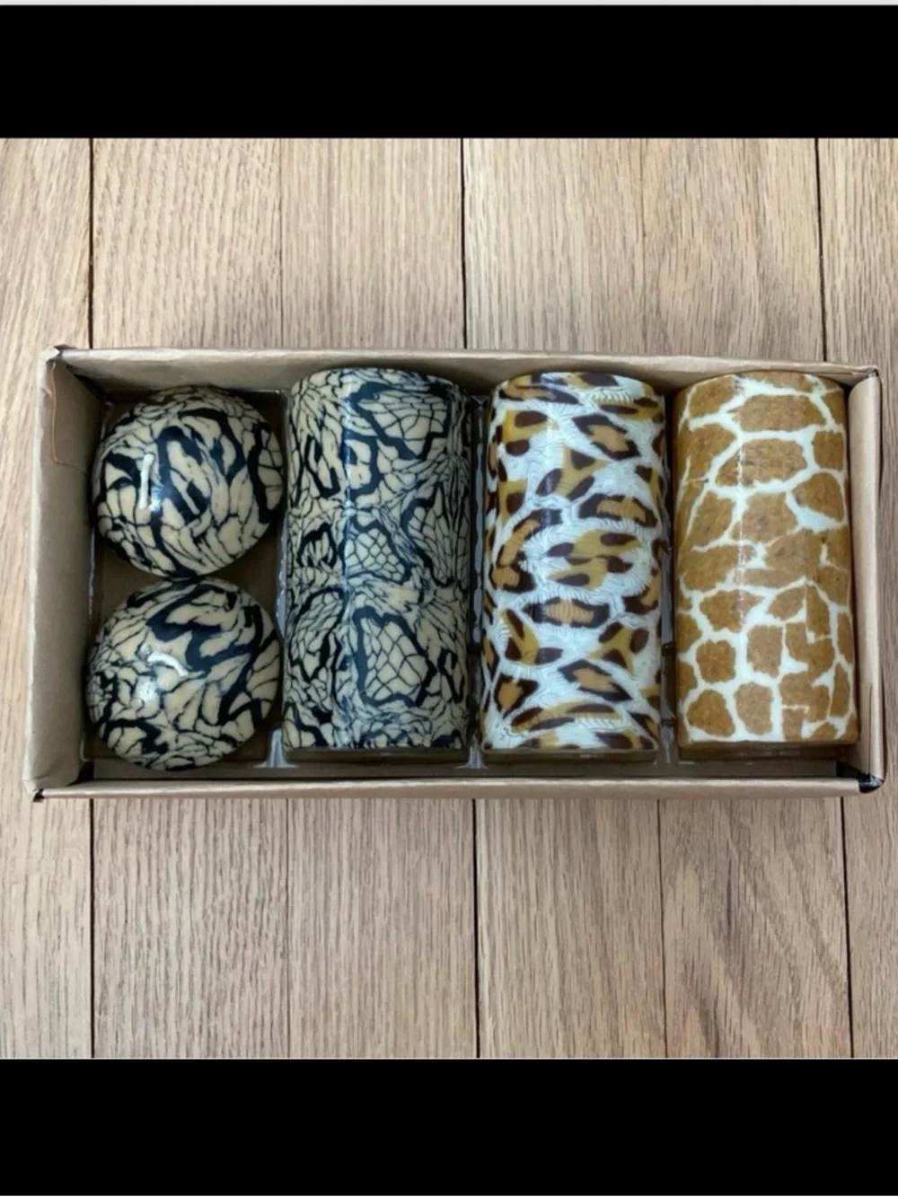 Unscented Animal Print Candles (5) 3 Pillars and 2 mini domes